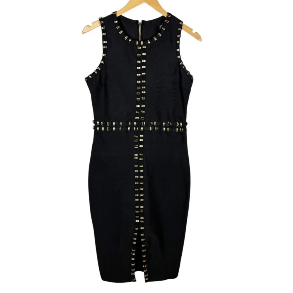Wow Couture Bandage Dress Size Large Black Gold Sleeveless - Picture 6 of 6